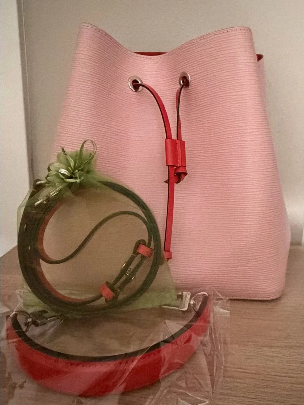 Louis Vuitton Pink Bucket Shoulder Bag with Red Trim